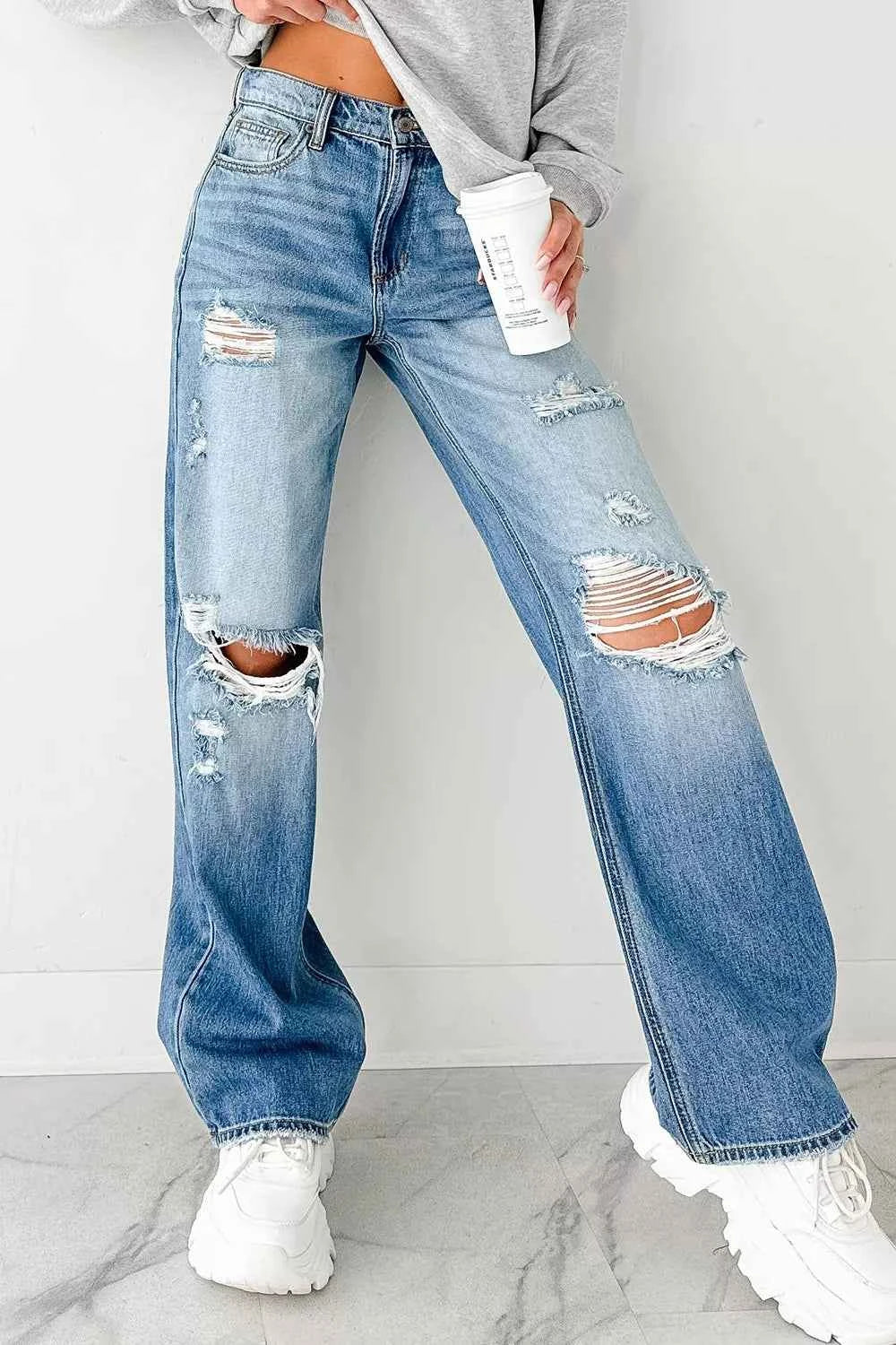 Sarah Express Women's Mid Rise Distressed Straight Leg Jeans - Sneak Peek Denim