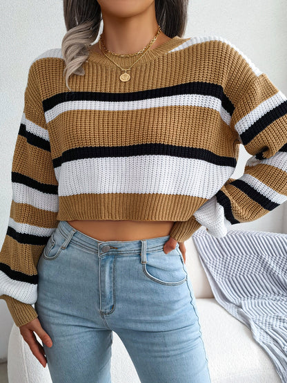 Sarah Express Women's Striped Long Sleeve Cropped Knit Sweater - Casual Pullover Top Khaki