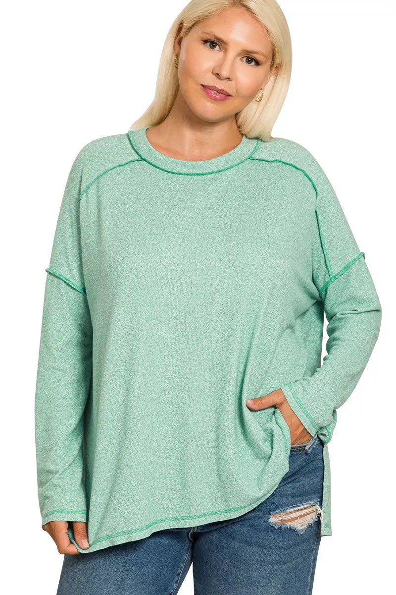 Sarah Express Women’s Plus Size Melange Hacci Tee with Exposed Seam Hi-Low Hem