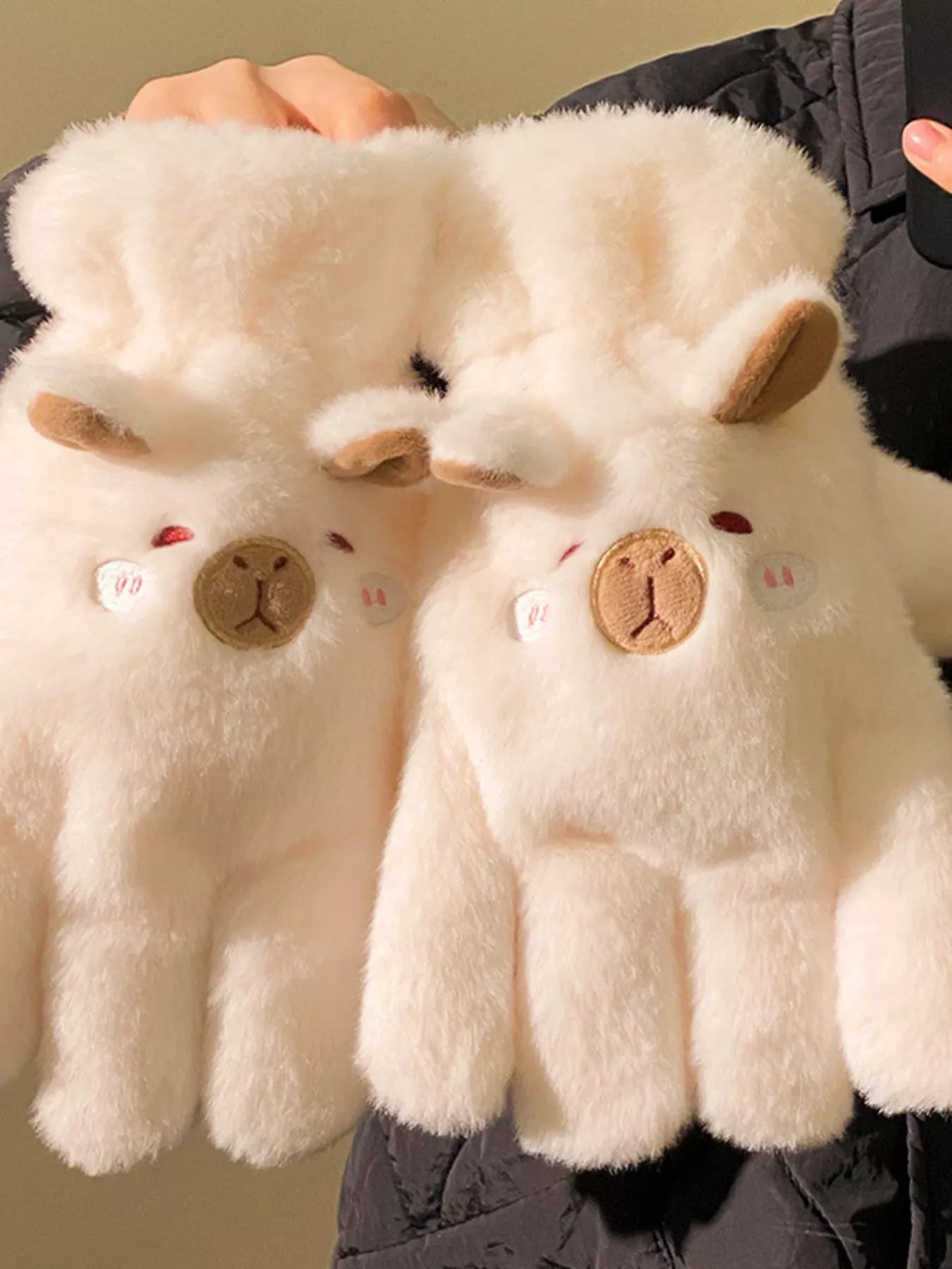 Sarah Express Cartoon Animal Plush Gloves - Cute Winter Warm Fuzzy Mittens White ONESIZE