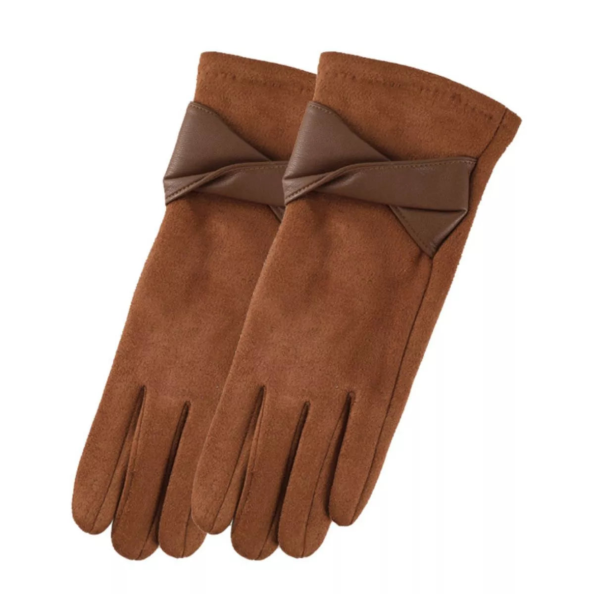 Sarah Express Women's Warm Leather Trimmed Suede Gloves Red Brown One Size