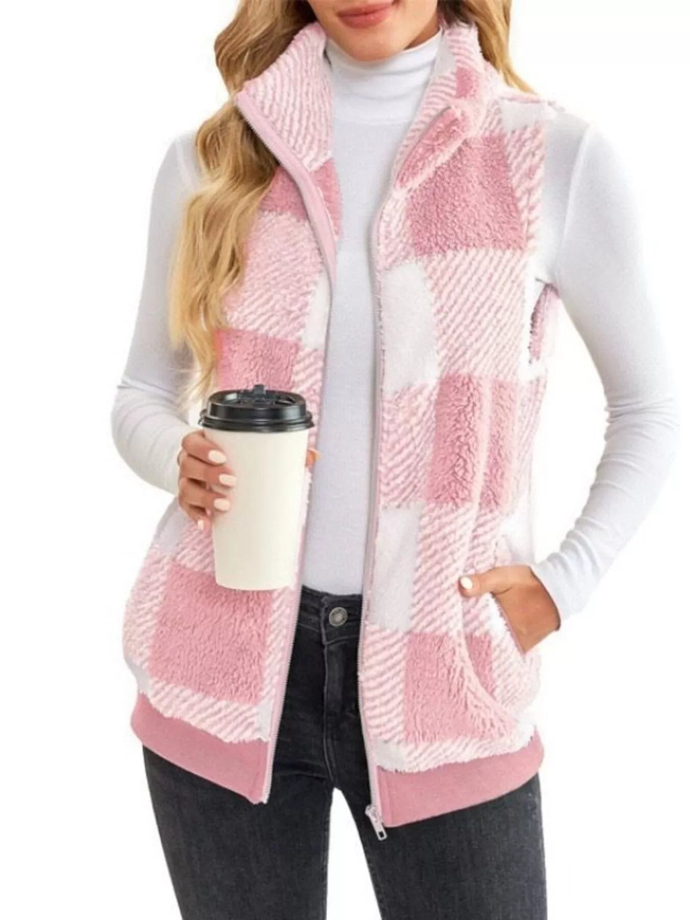 Sarah Express Women's Color Block Zip Up Vest Coat Plus Size Pink