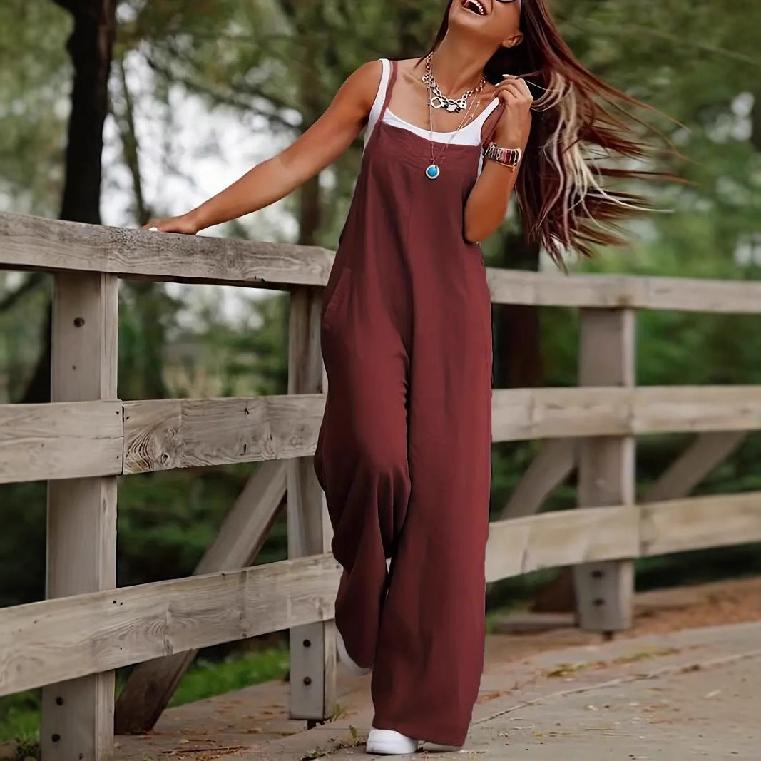 Sarah Express Suspender Wide-Leg Jumpsuit Women's Sleeveless Overall Style