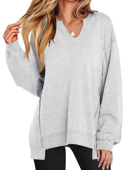 Sarah Express Women's Notched Long Sleeve Oversized Sweatshirt Light Gray
