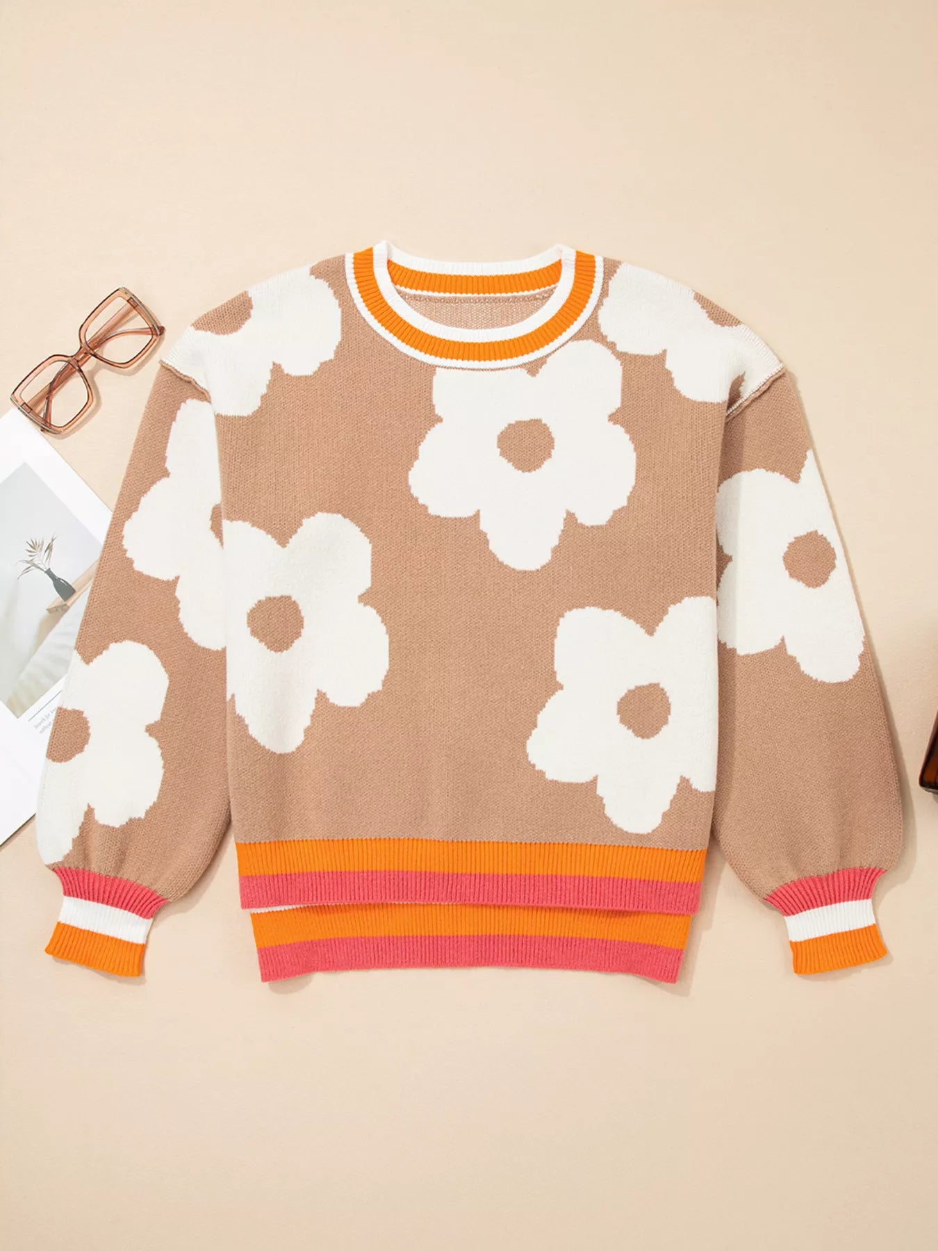 Sarah Express Women's Flower Pattern Contrast Striped Baggy Sweater