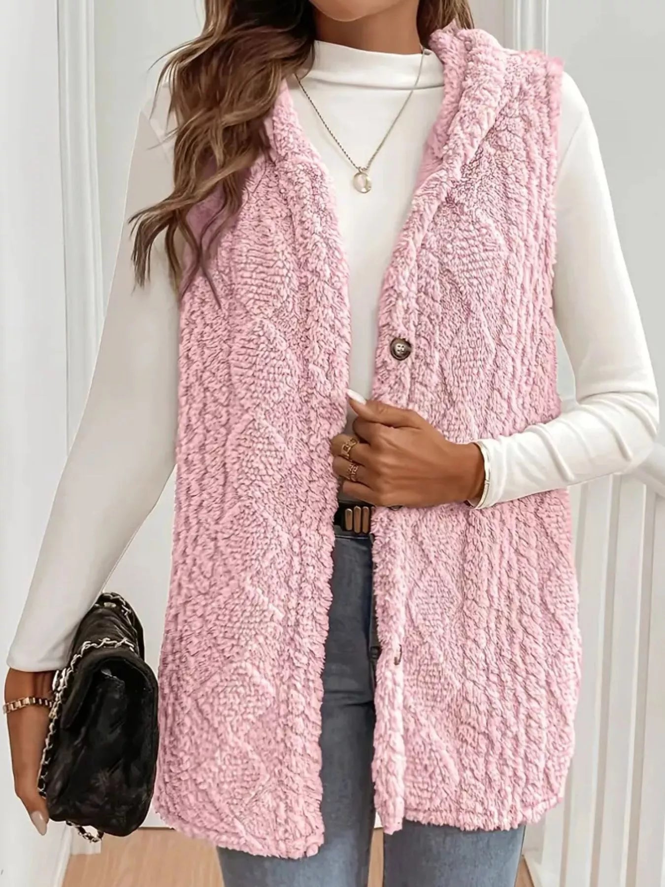 Sarah Express Women's Hooded Button-Up Sherpa Vest Coat Blush Pink