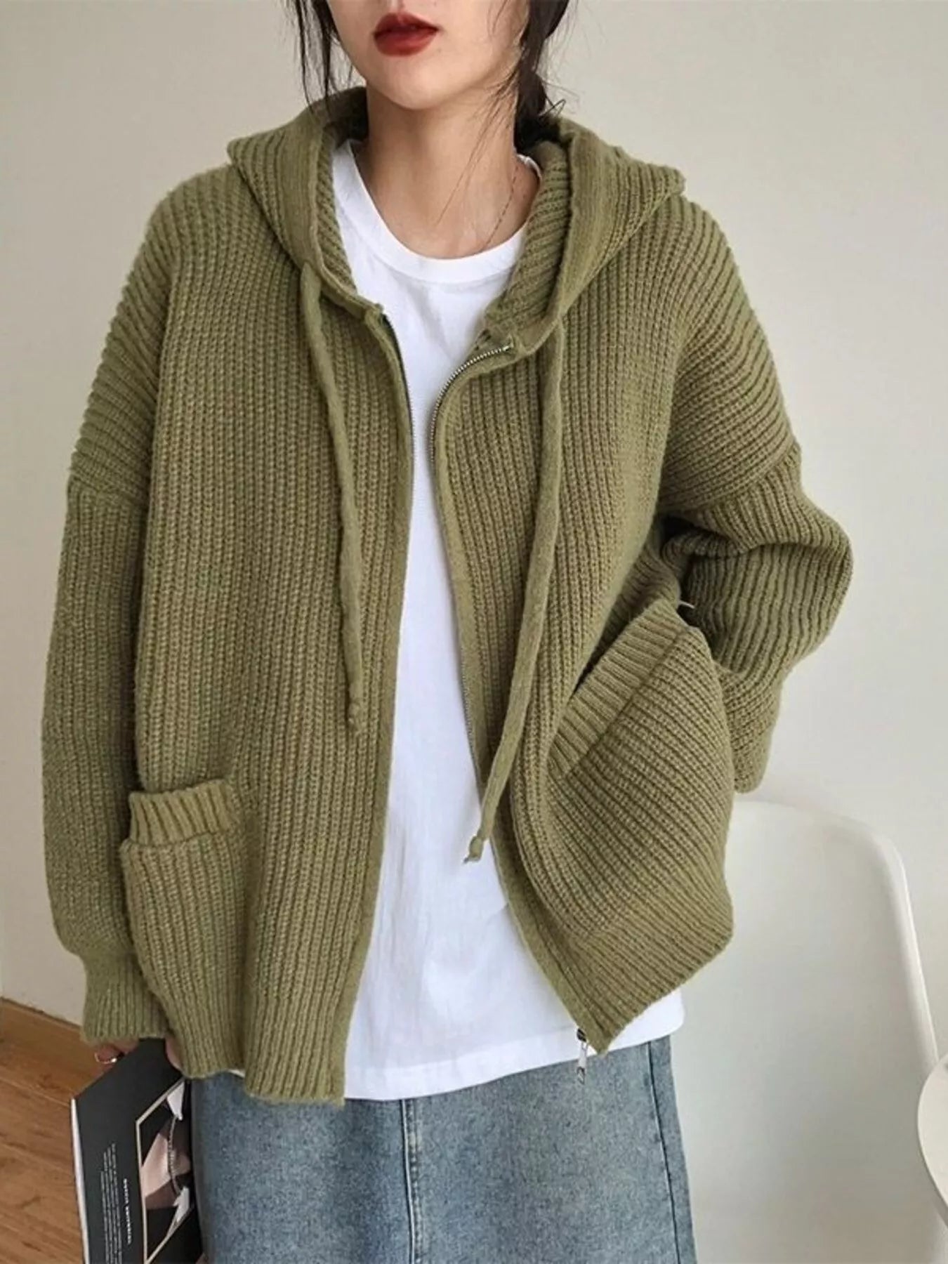 Sarah Express Women's Casual Knitted Zip-Up Hooded Cardigan Army Green