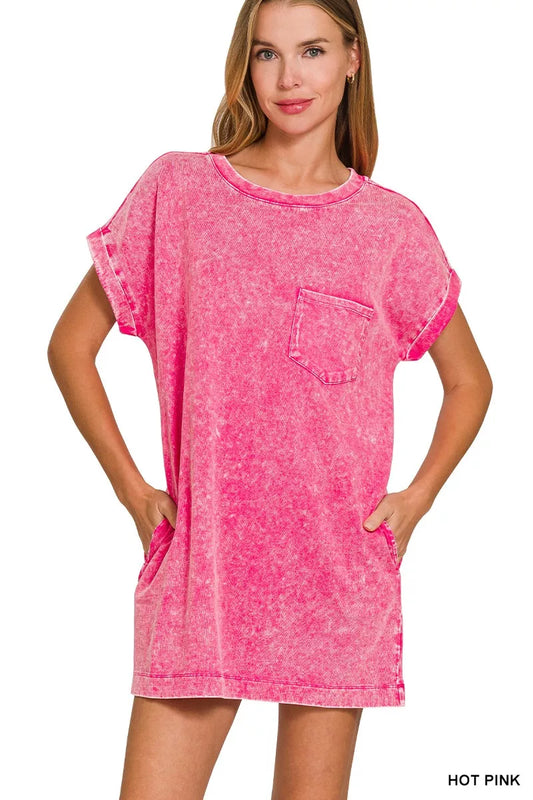 Sarah Express Women's Premium Cotton Washed T-Shirt Dress with Pockets HOT PINK
