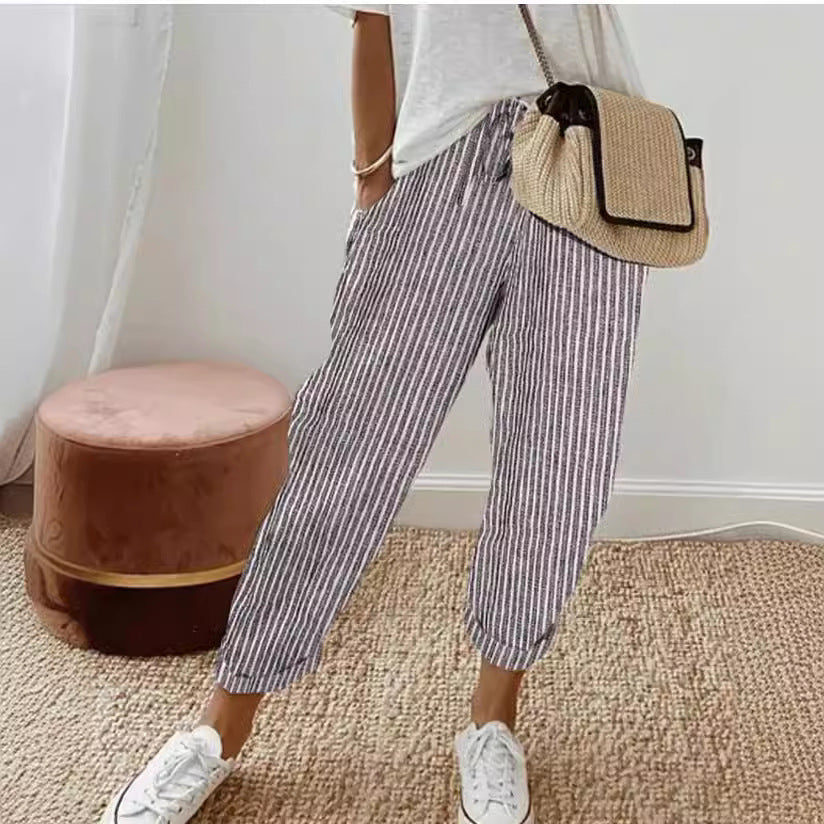 Women's Summer Striped Casual Pants - Loose Fit Elastic Waist Trousers