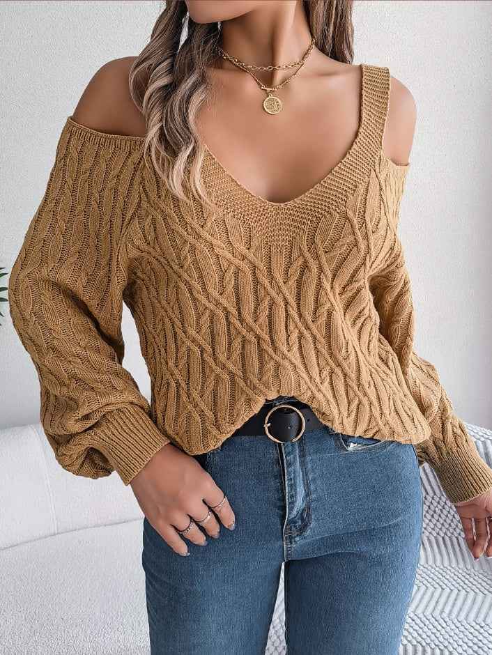 Sarah Express Women's Off-Shoulder Cable Knit Sweater - Casual Lantern Sleeve Pullover