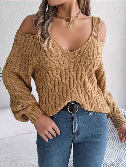 Sarah Express Women's Off-Shoulder Cable Knit Sweater - Casual Lantern Sleeve Pullover