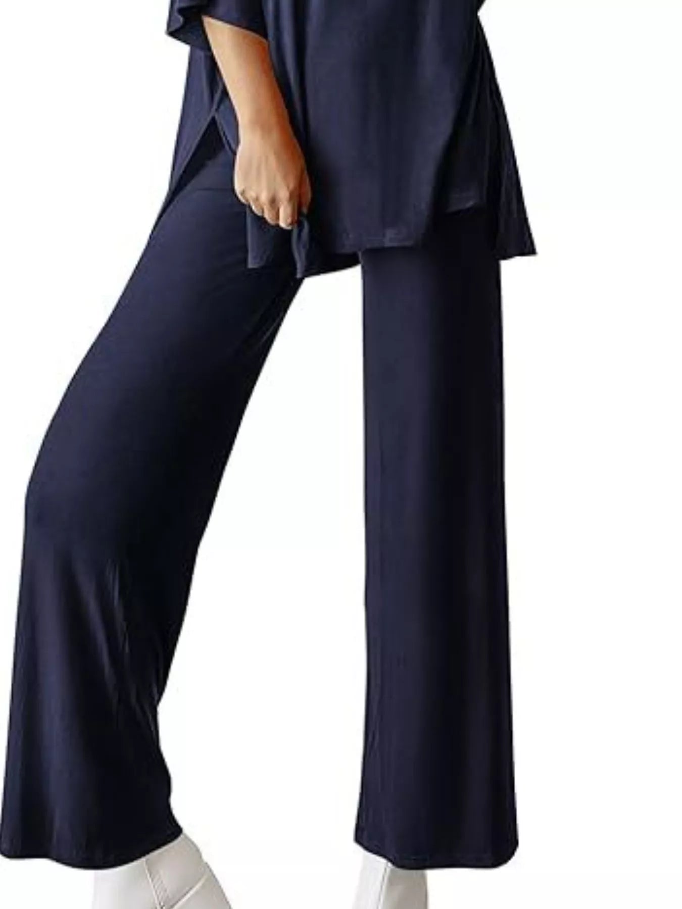 Sarah Express Women's Two Piece Slit Round Neck Top and Pants Set - Casual Loungewear Outfit