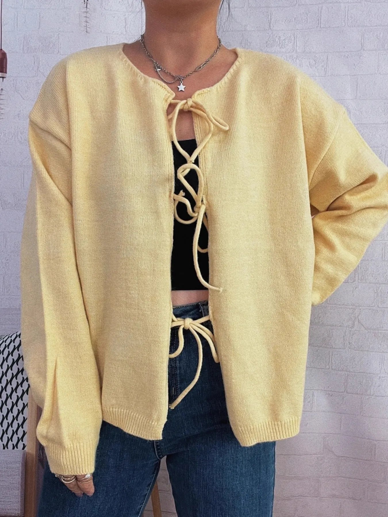 Sarah Express Women's Tie Front Drop Shoulder Cardigan Yellow One Size