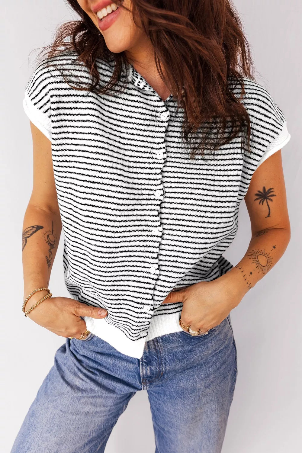 Sarah Express Women's Stripe Contrast Trim Cap Sleeve Button Down Sweater Vest