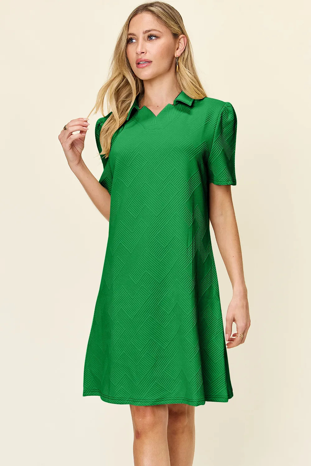 Sarah Express Women's Textured Collared Neck Short Sleeve Dress Mid Green