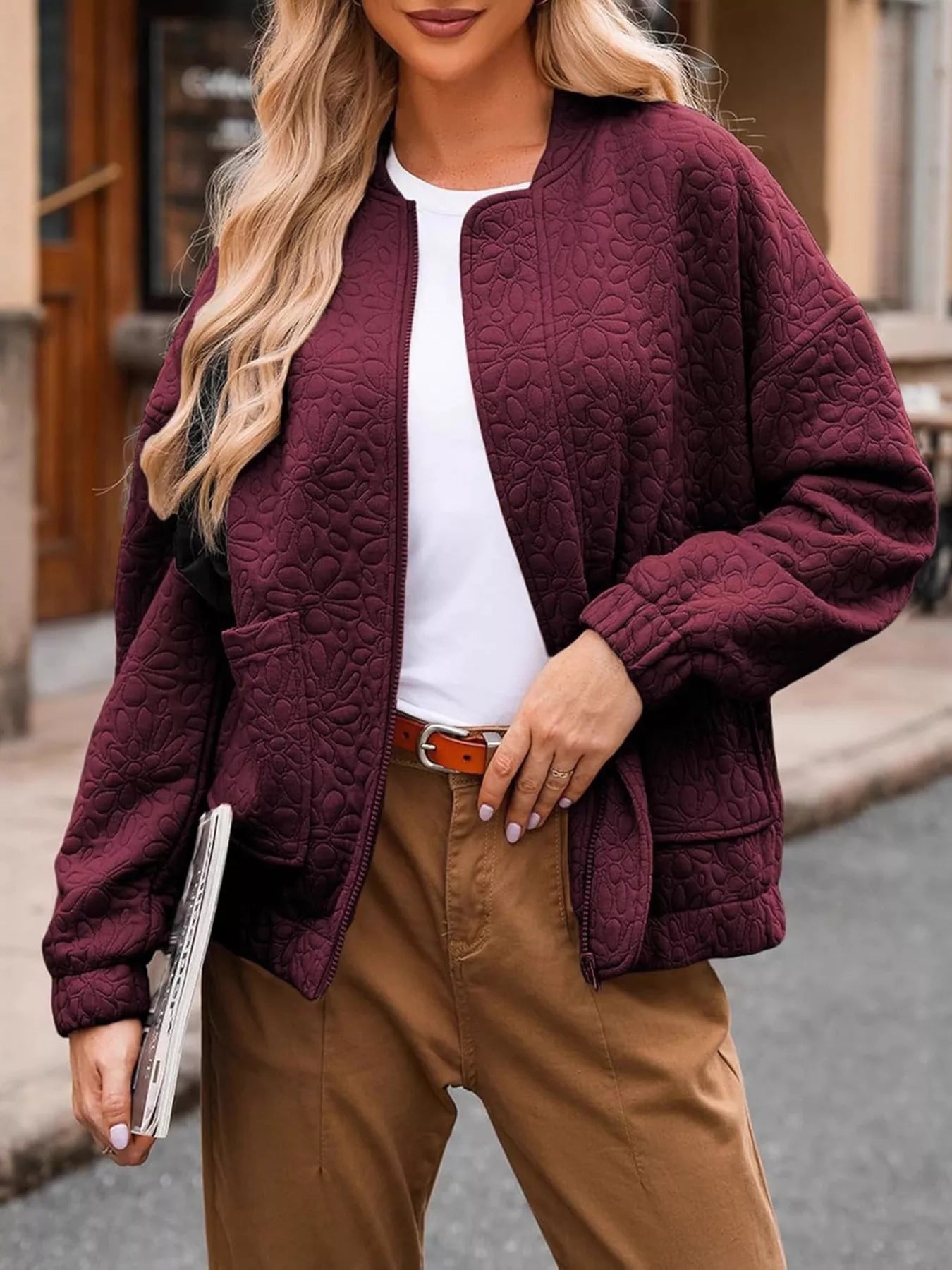 Sarah Express Women's Floral Quilted Zip Up Jacket Plus Size Wine Red