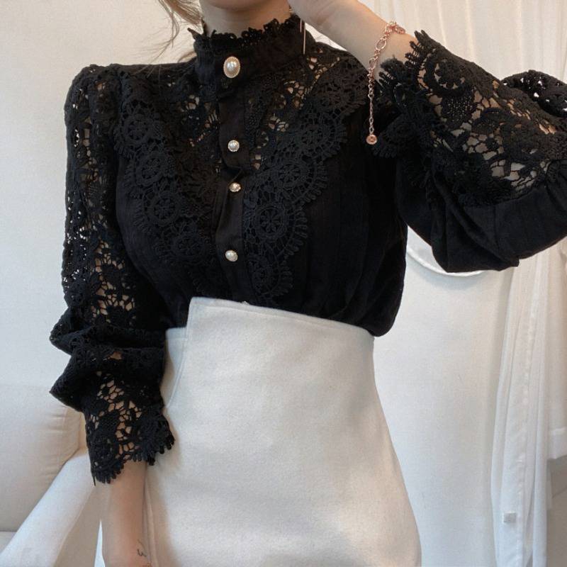 Sarah Express Women's Lace Stand Collar Blouse Long Sleeve Puff Sleeve Shirt