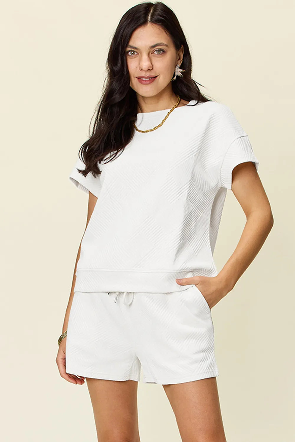 Sarah Express Women's Textured Short Sleeve T-Shirt and Drawstring Shorts Set White