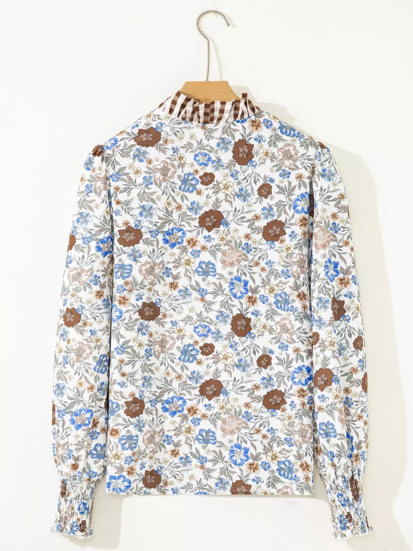 Sarah Express Women's Plaid Frilled Trim V Neck Floral Long Sleeve Blouse