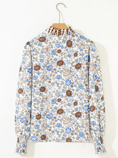 Sarah Express Women's Plaid Frilled Trim V Neck Floral Long Sleeve Blouse