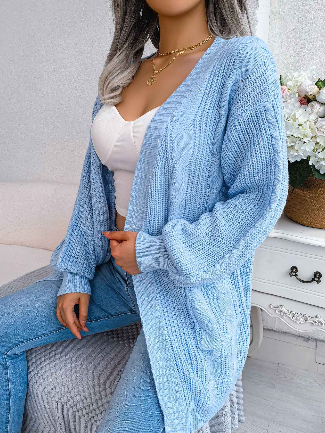 Sarah Express Women's Cable Knit Cardigan Sweater with Lantern Sleeves and Pockets