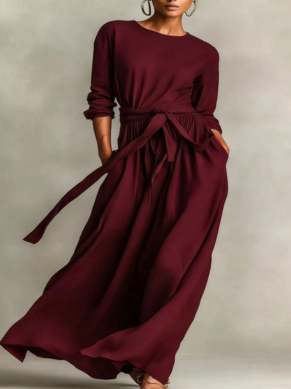 Sarah Express Women's Long Sleeve Tie Waist Maxi Dress with Pockets Burgundy