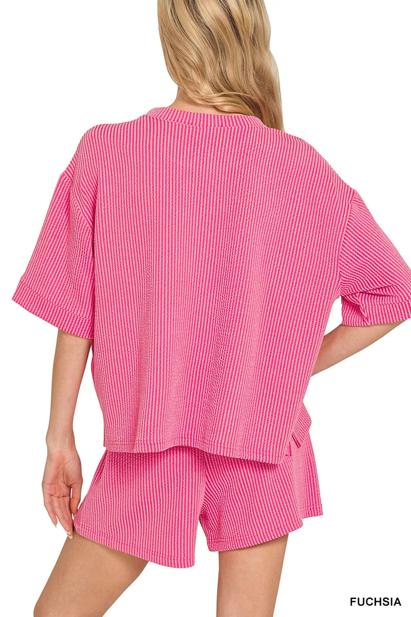 Sarah Express Women's Raised Rib Short Sleeve Tee and Drawstring Shorts Set