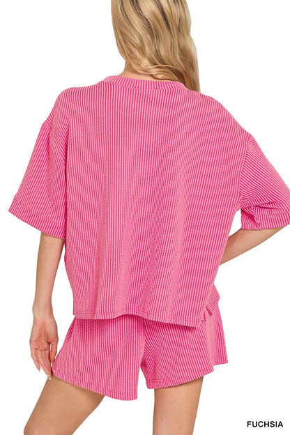 Sarah Express Women's Raised Rib Short Sleeve Tee and Drawstring Shorts Set