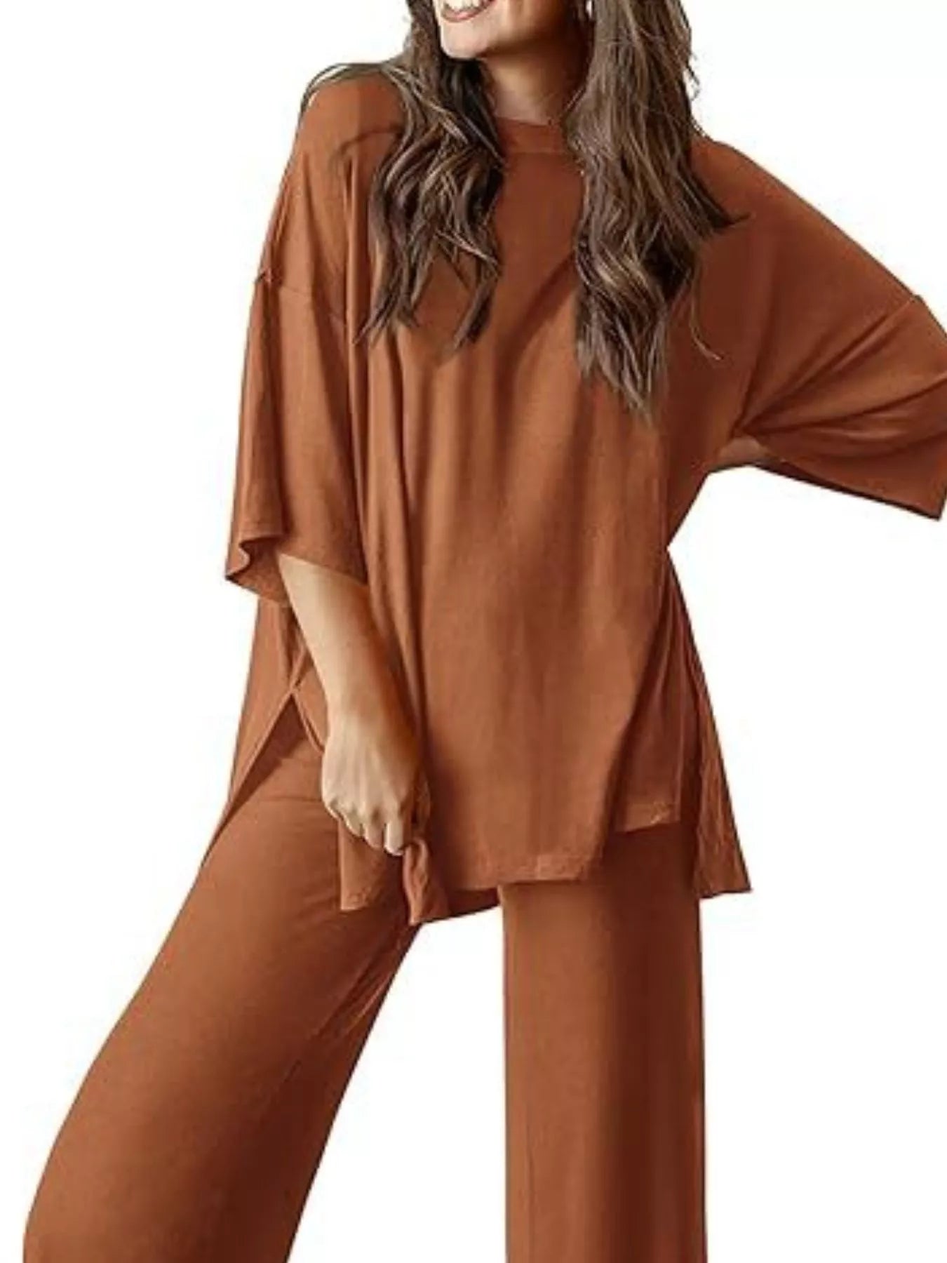 Sarah Express Women's Two Piece Slit Round Neck Top and Pants Set - Casual Loungewear Outfit Caramel