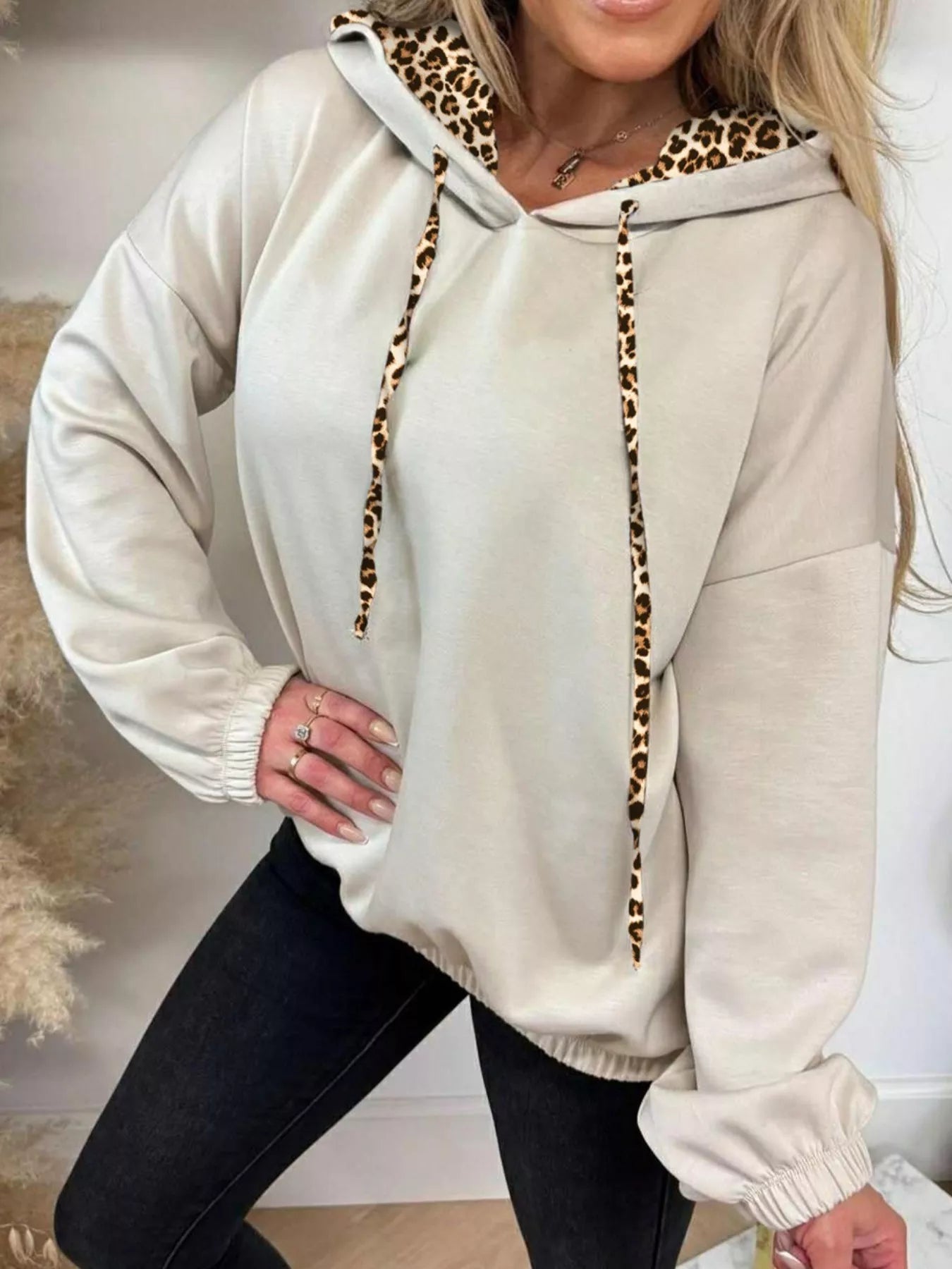 Sarah Express Women's Leopard Trim Drawstring Long Sleeve Hoodie Beige