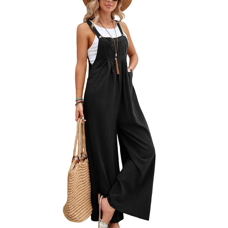 Sarah Express Women's Solid Color Cotton Suspender Trousers Casual Overall Straight Leg Mid Waist with Pockets