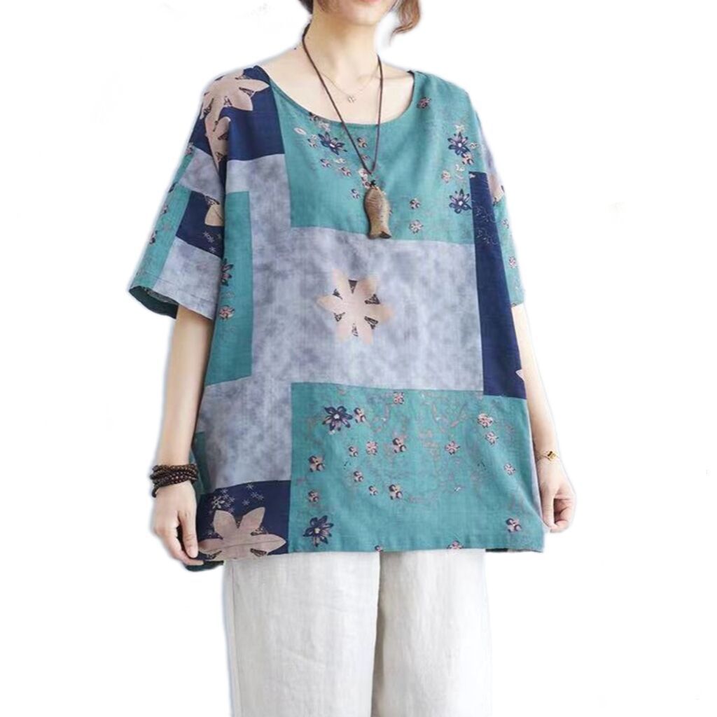 Sarah Express Women's Ethnic Floral Print Cotton Linen T-Shirt Loose Fit Round Neck Short Sleeve