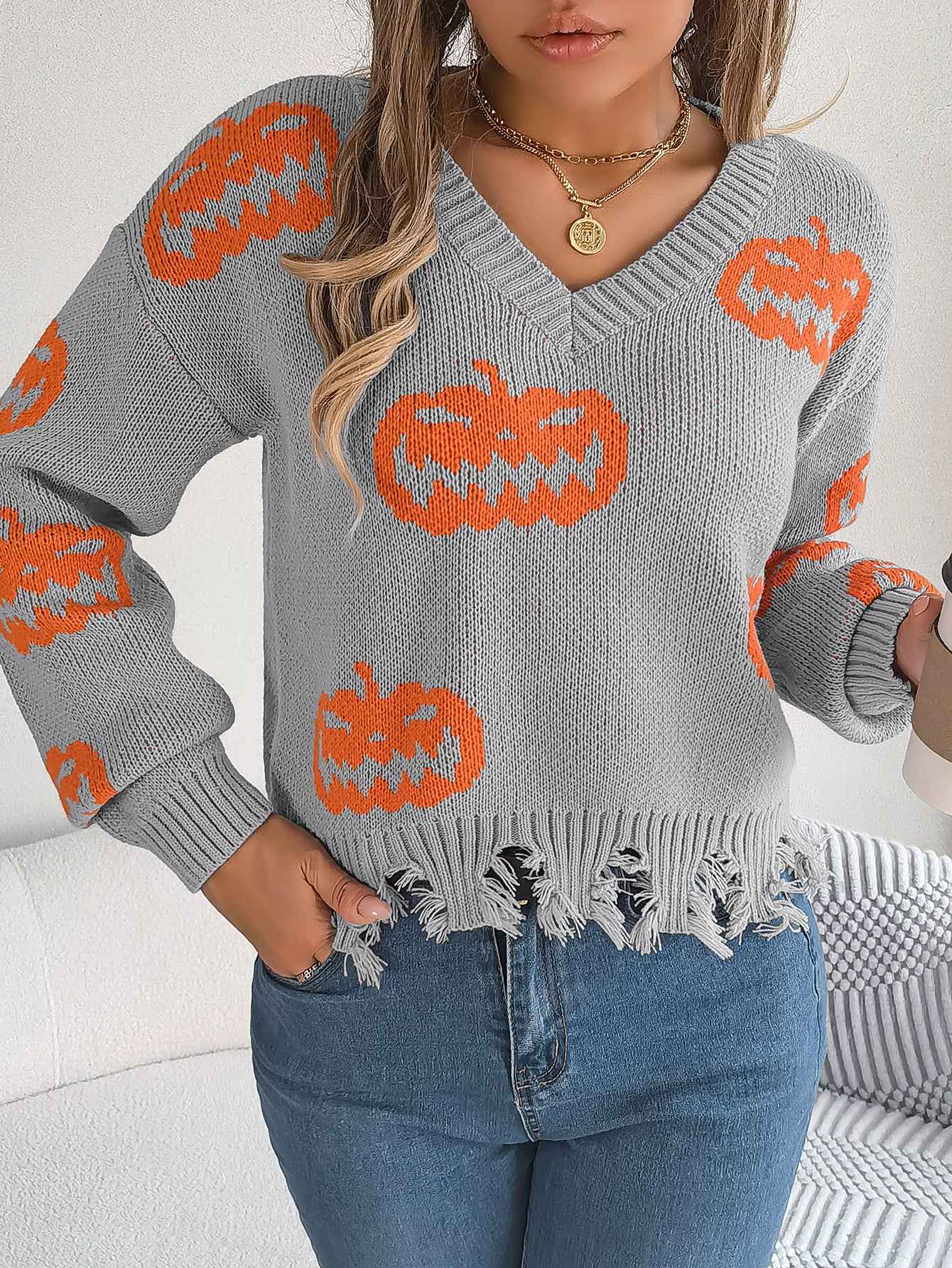 Sarah Express Women's Color Block Pumpkin Distressed Pullover Sweater Long Sleeve Knitwear