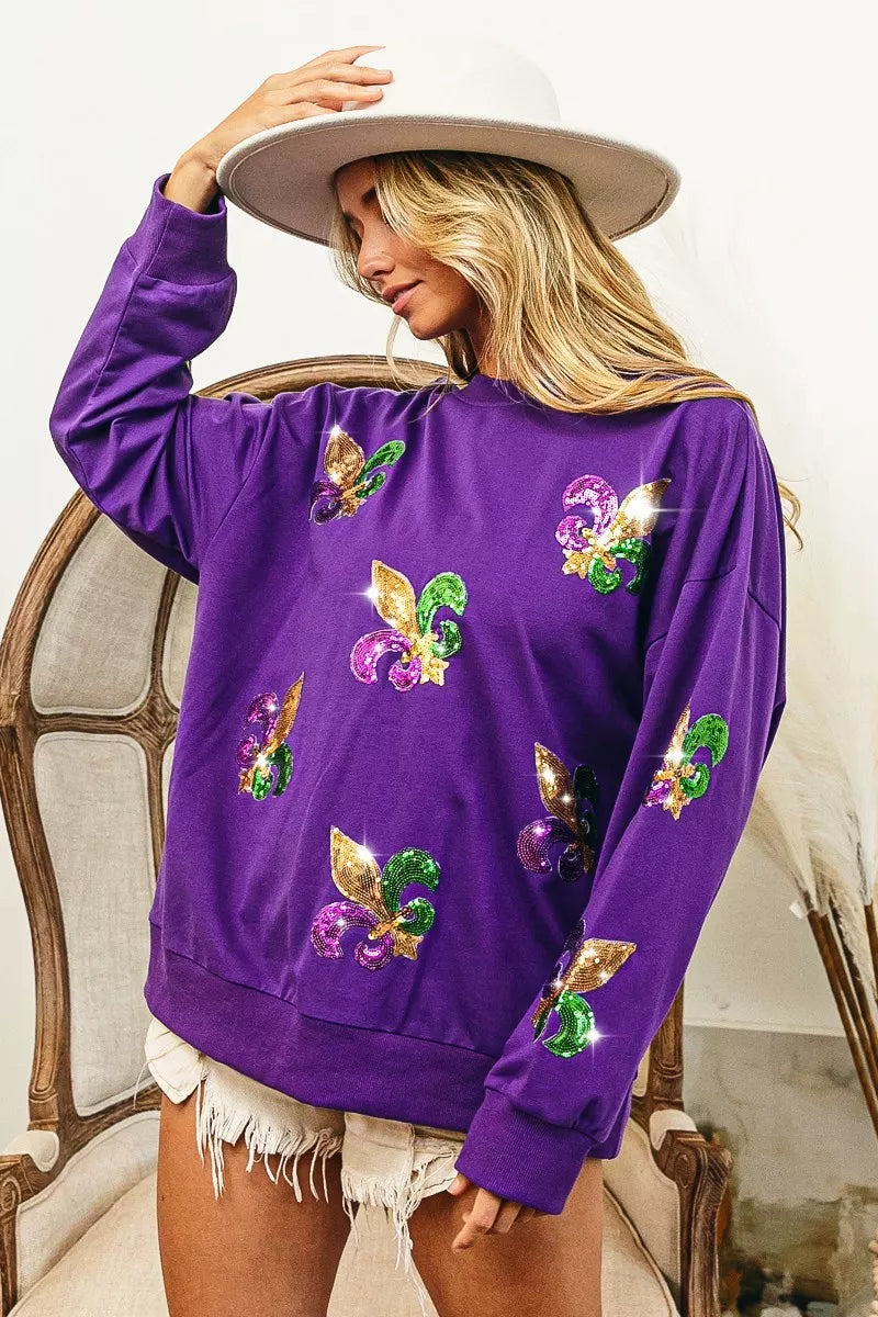 Sarah Express Women's Fleur De Lis Sequin Patches Mardi Gras Sweatshirt