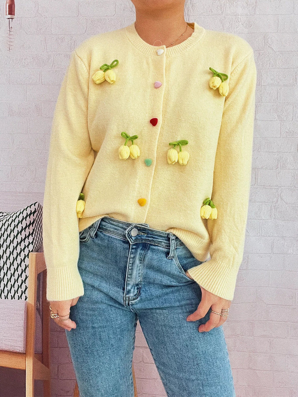 Sarah Express Women's Flower Button Up Long Sleeve Cardigan