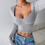 Sarah Express Women's Cropped Long Sleeve Striped Brushed Top