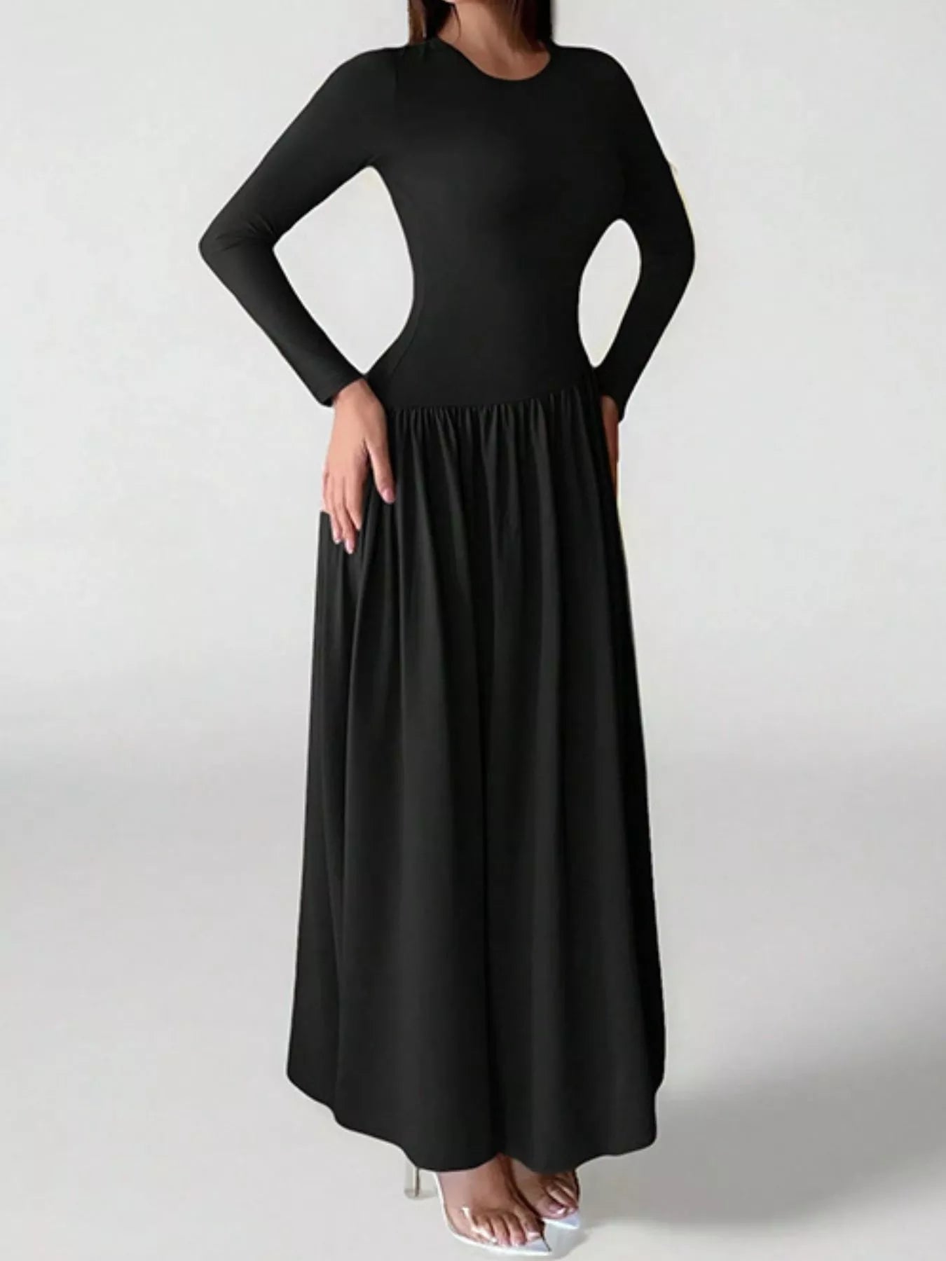 Sarah Express Women's Long Sleeve Ruched A-Line Maxi Dress Black