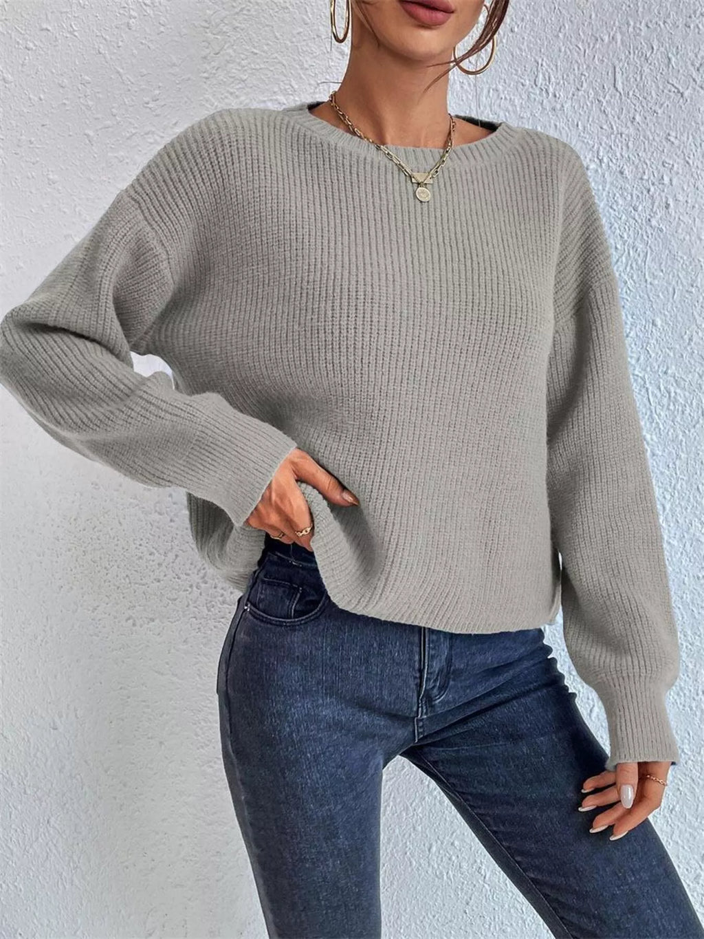 Sarah Express Women's Ribbed Knit Dropped Shoulder Sweater