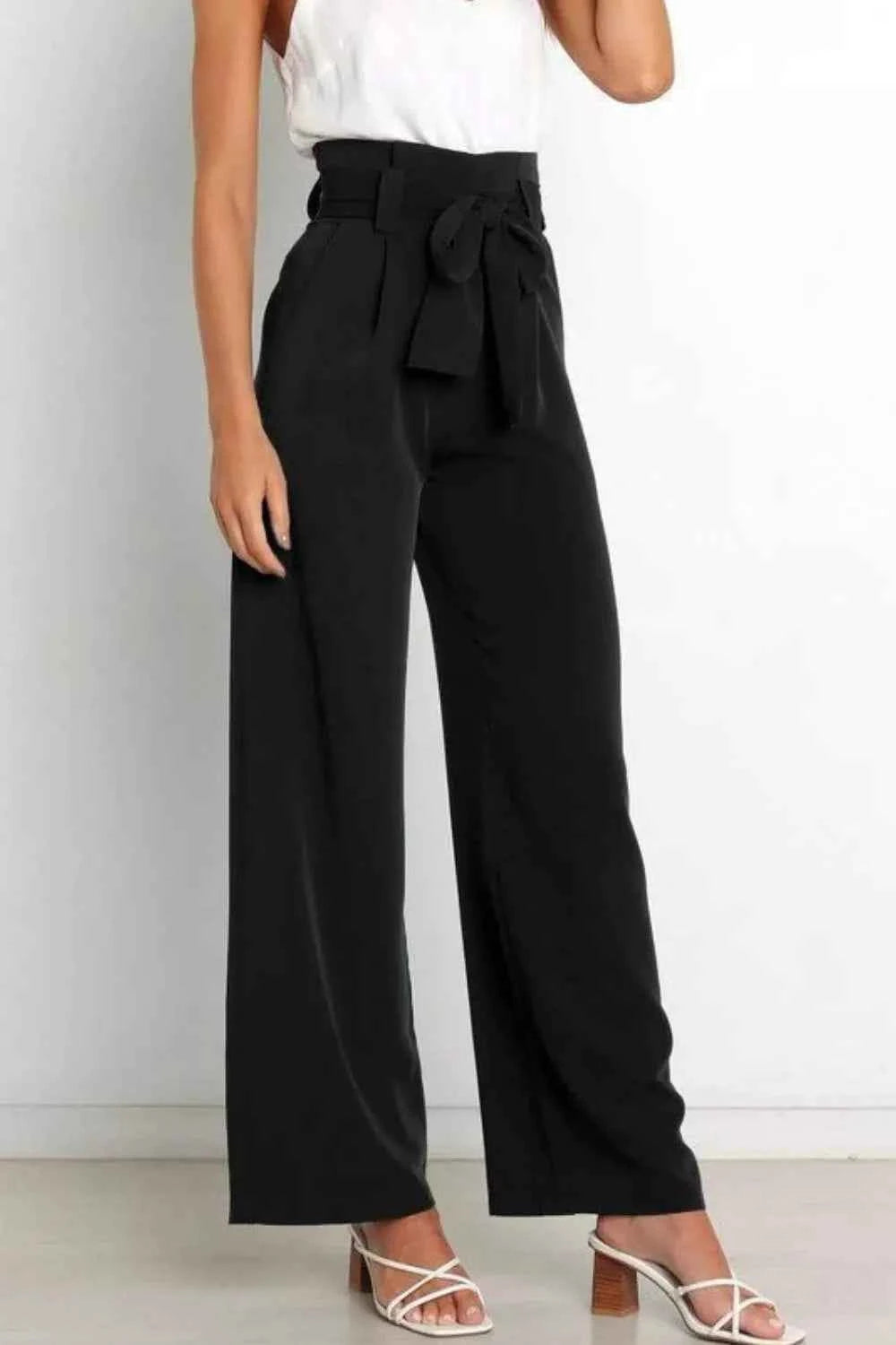 Sarah Express Women's High Waist Tie Front Wide Leg Pants - Pocketed Palazzo Trousers