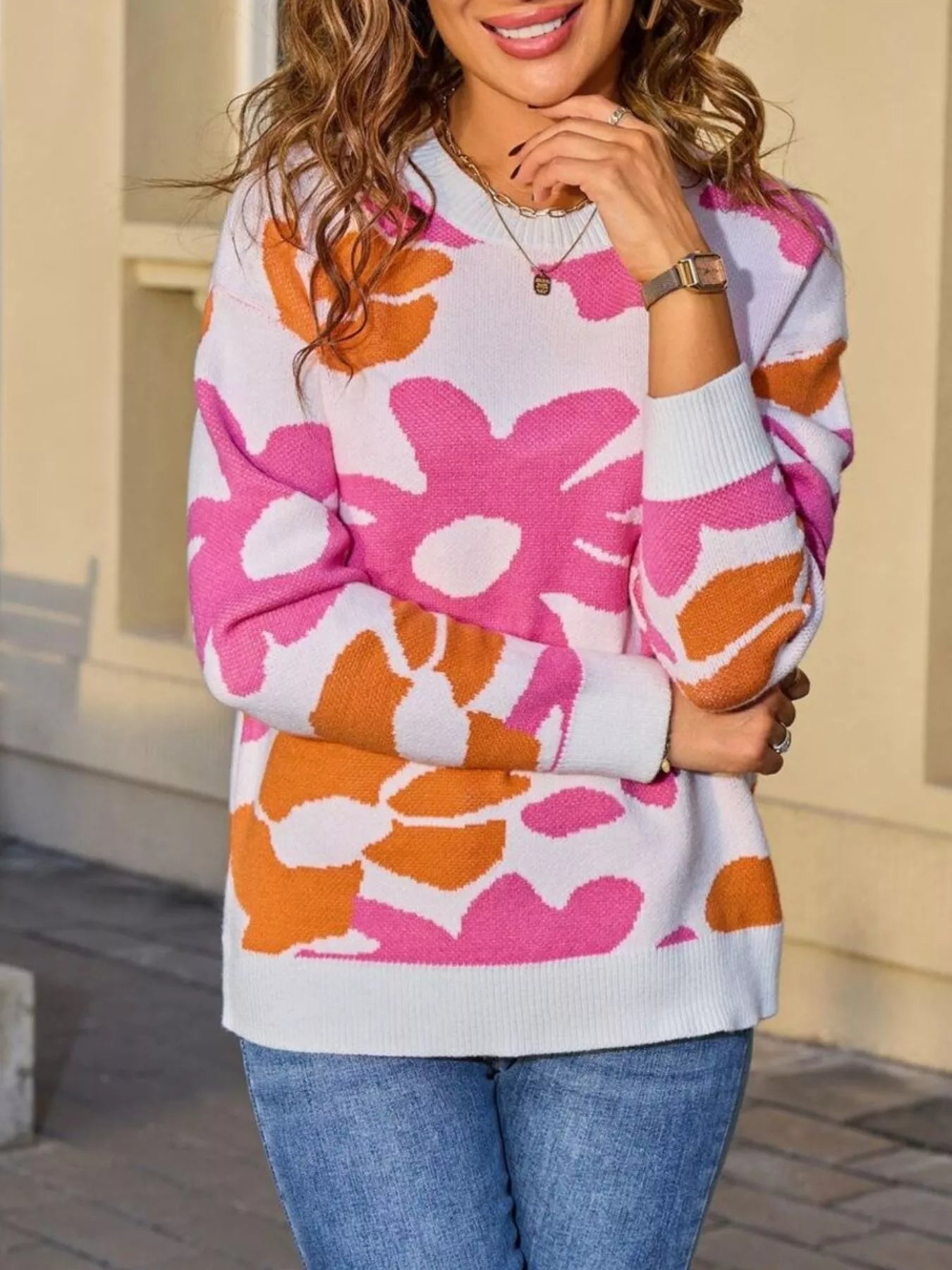 Sarah Express Women's Floral Crew Neck Long Sleeve Sweater