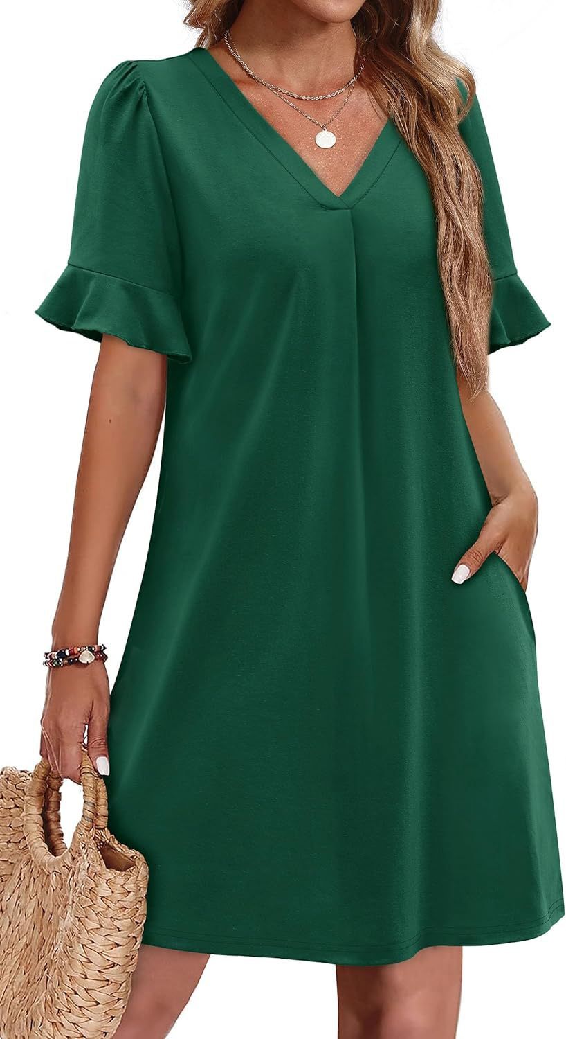 Sarah Express Women's V-Neck Ruffled A-Line Dress with Pockets Vacation Casual Short Sleeve