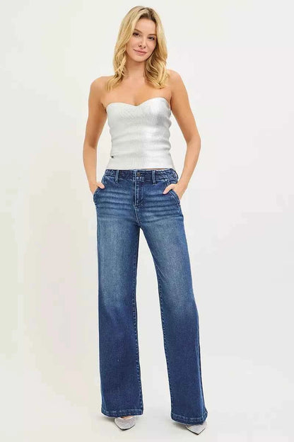 Sarah Express Women's High Rise Wide Leg Jeans with Slanted Pockets - RISEN Denim