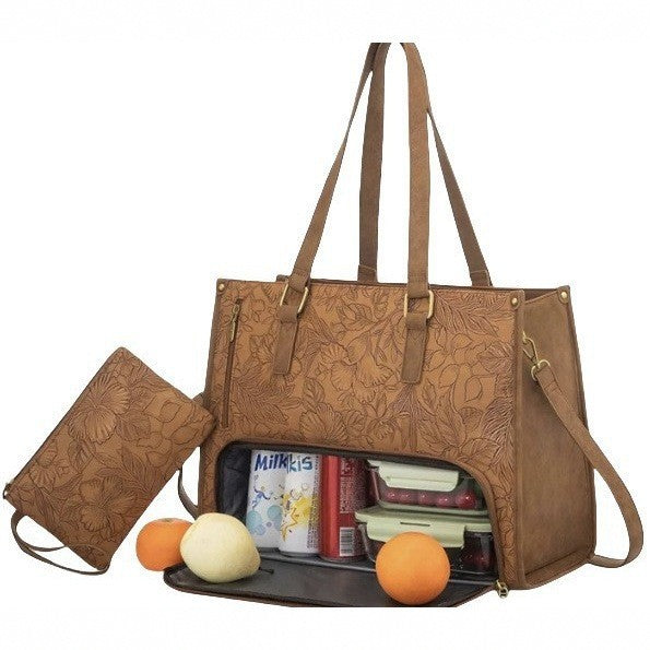 Sarah Express 2-in-1 Tote & Lunch Bag Combo - Extra Large Capacity with Insulated Lunch Compartment Brown Printed