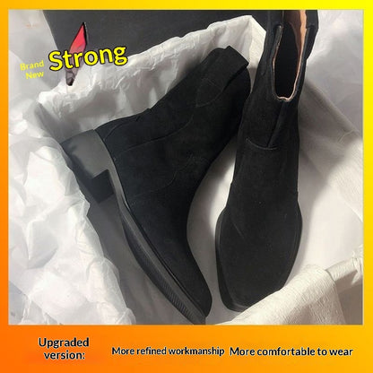 Sarah Express Women's Chunky Heel Ankle Boots – Slip-On Mid-Calf Block Heel Boots Black