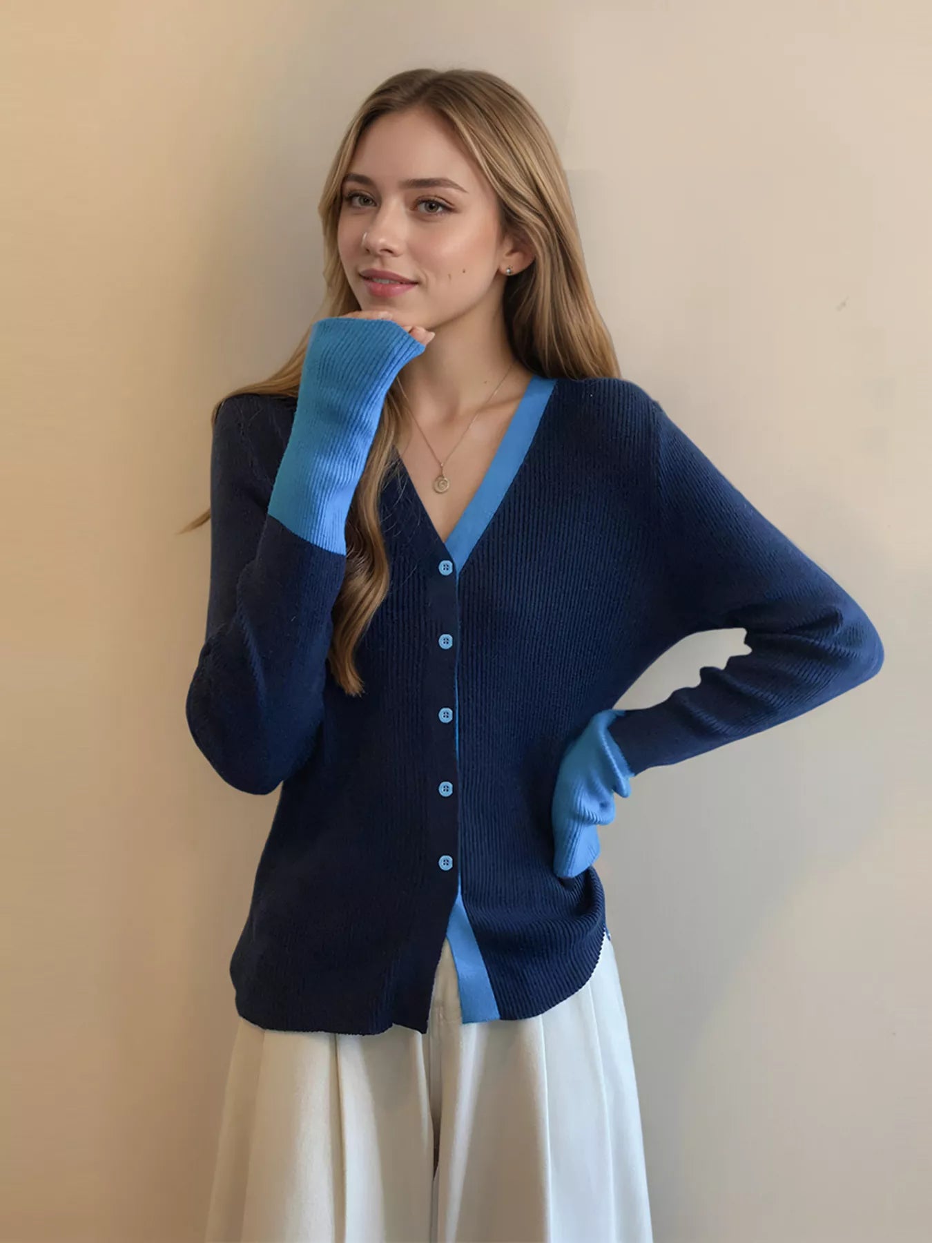 Sarah Express Women's Contrast Trim Ribbed Knit Cardigan