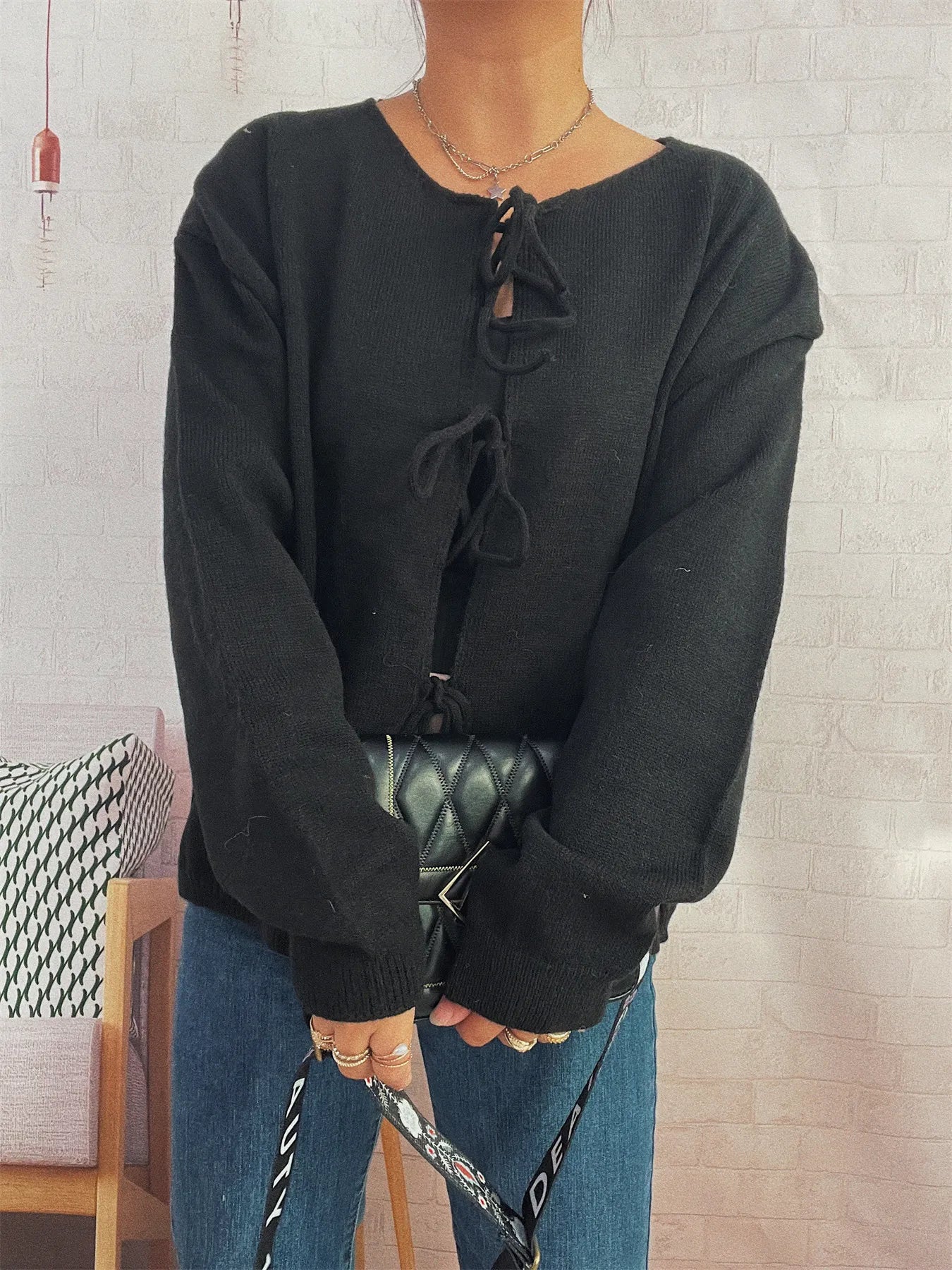 Sarah Express Women's Tie Front Drop Shoulder Cardigan Black One Size