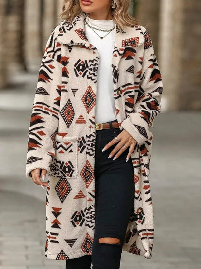 Sarah Express Women's Geometric Button Up Longline Coat - Oversized Trench Coat with Pockets Beige