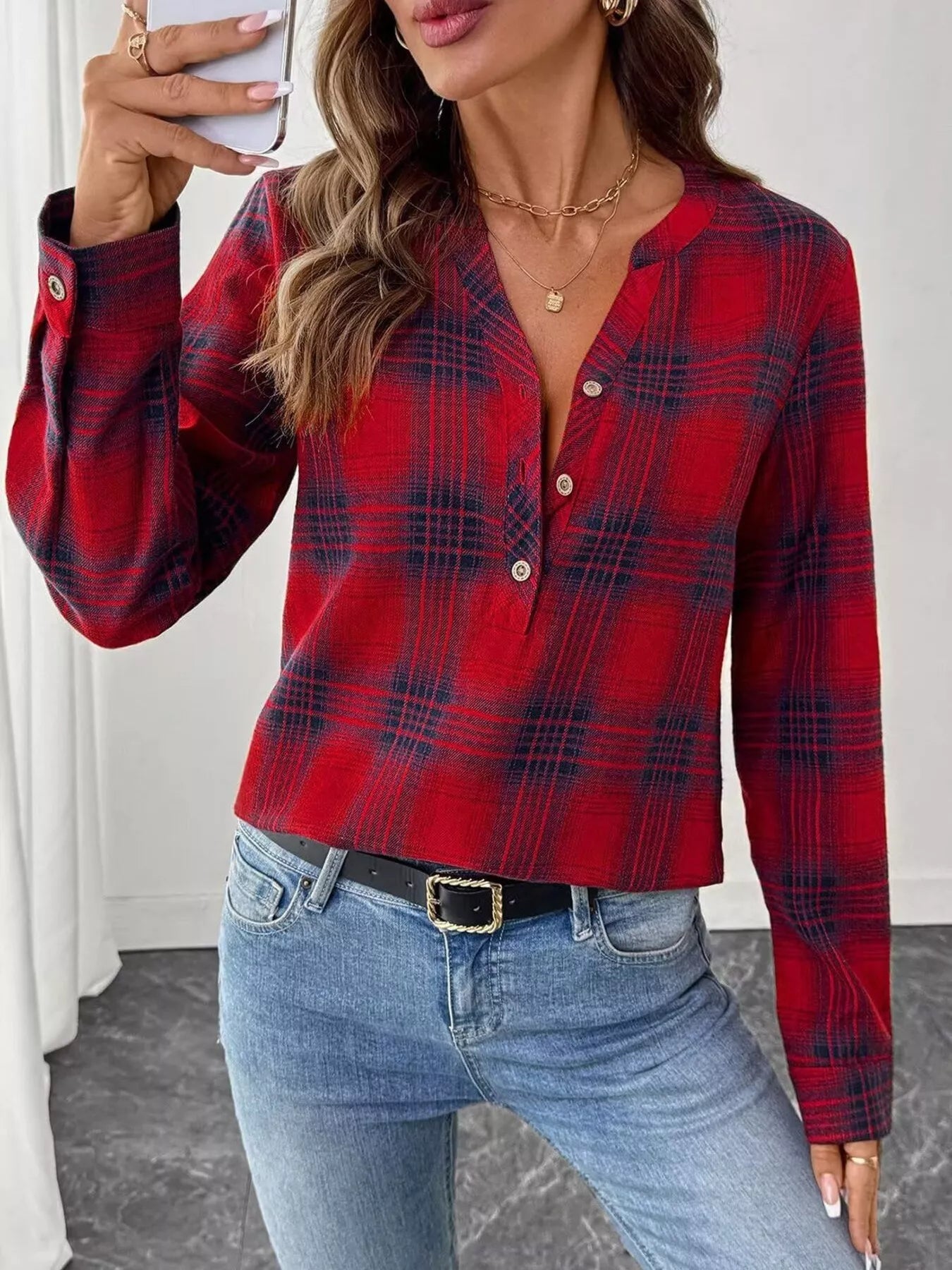 Sarah Express Women's Plaid Half Button Long Sleeve Blouse Red