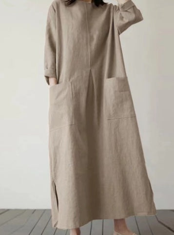 Sarah Express Women's Autumn Solid Color Elegant Cotton Dress Long Sleeve Wide Waist Basic Maxi Dress