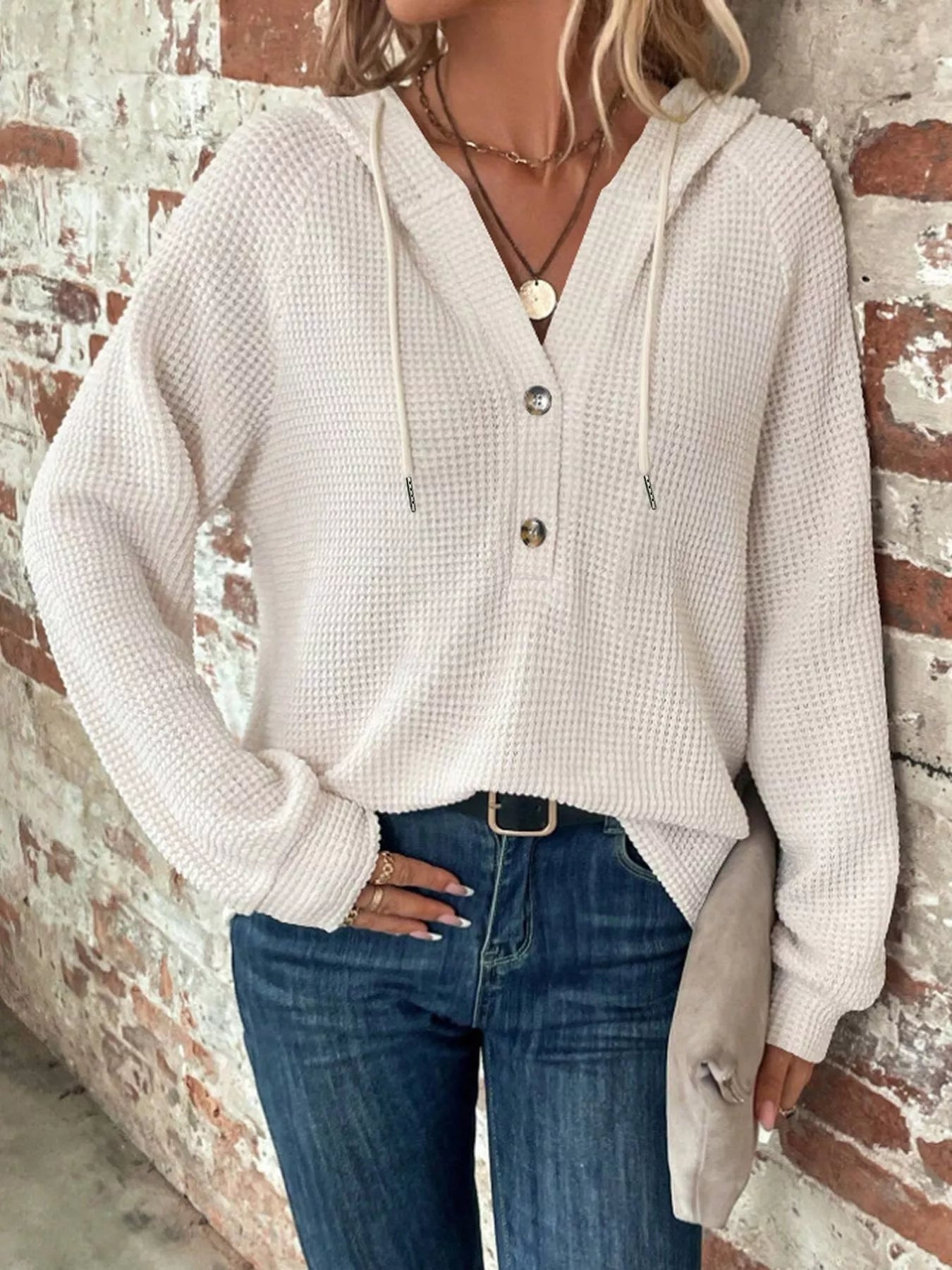 Sarah Express Women's Waffle Knit Button Detail Hoodie White